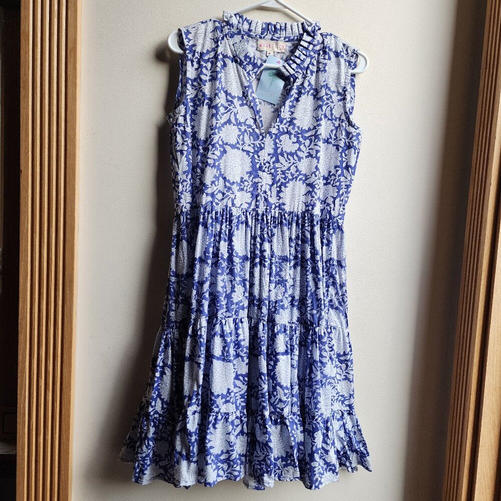NWT Market Co. Blue/White Sleeveless Floral Ruffle Midi Dress Size Medium